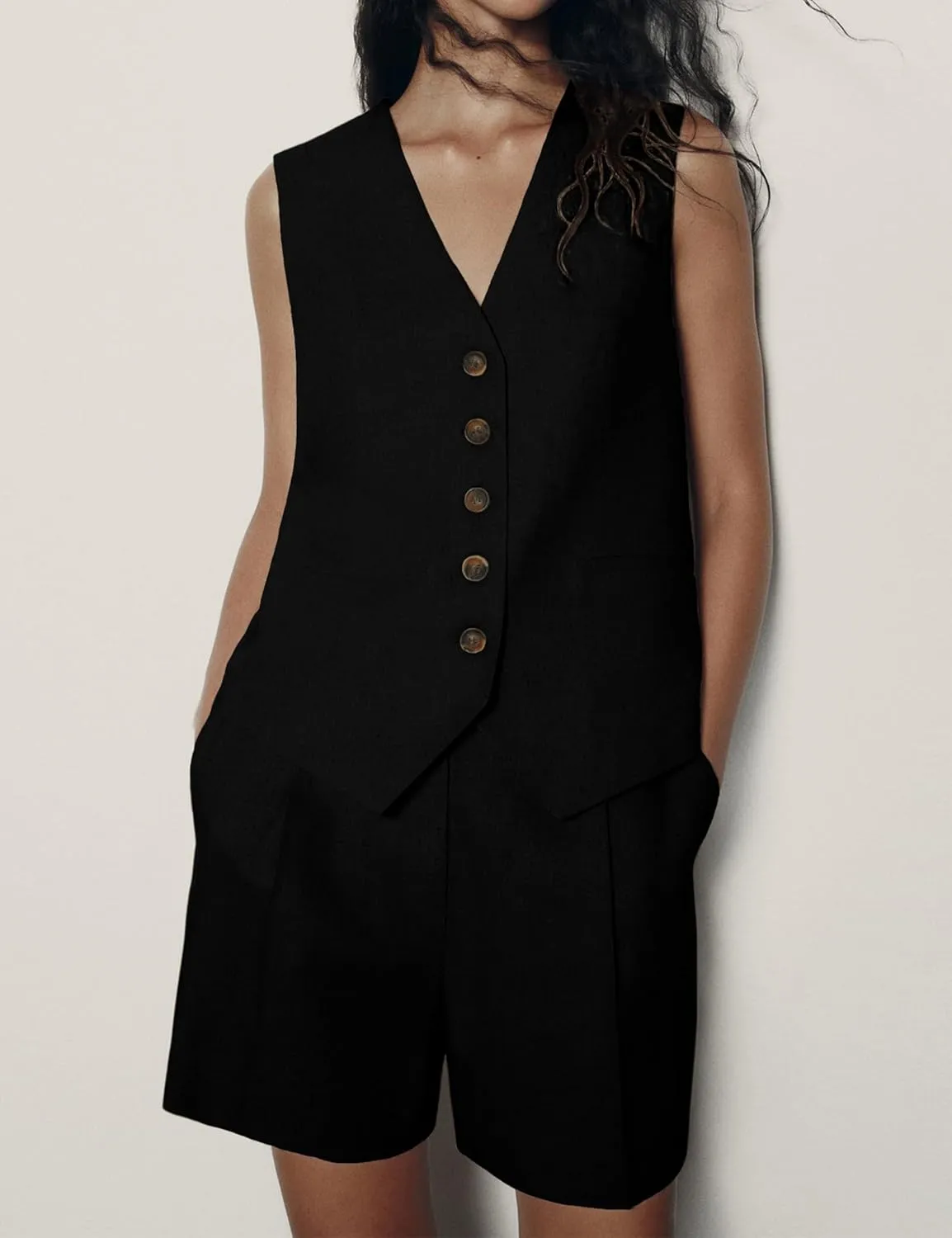 2 Piece Outfits for Women Summer Bussiness Linen Sets Sleeveless V Neck Vest Button Waistcoat and Pockets Shorts