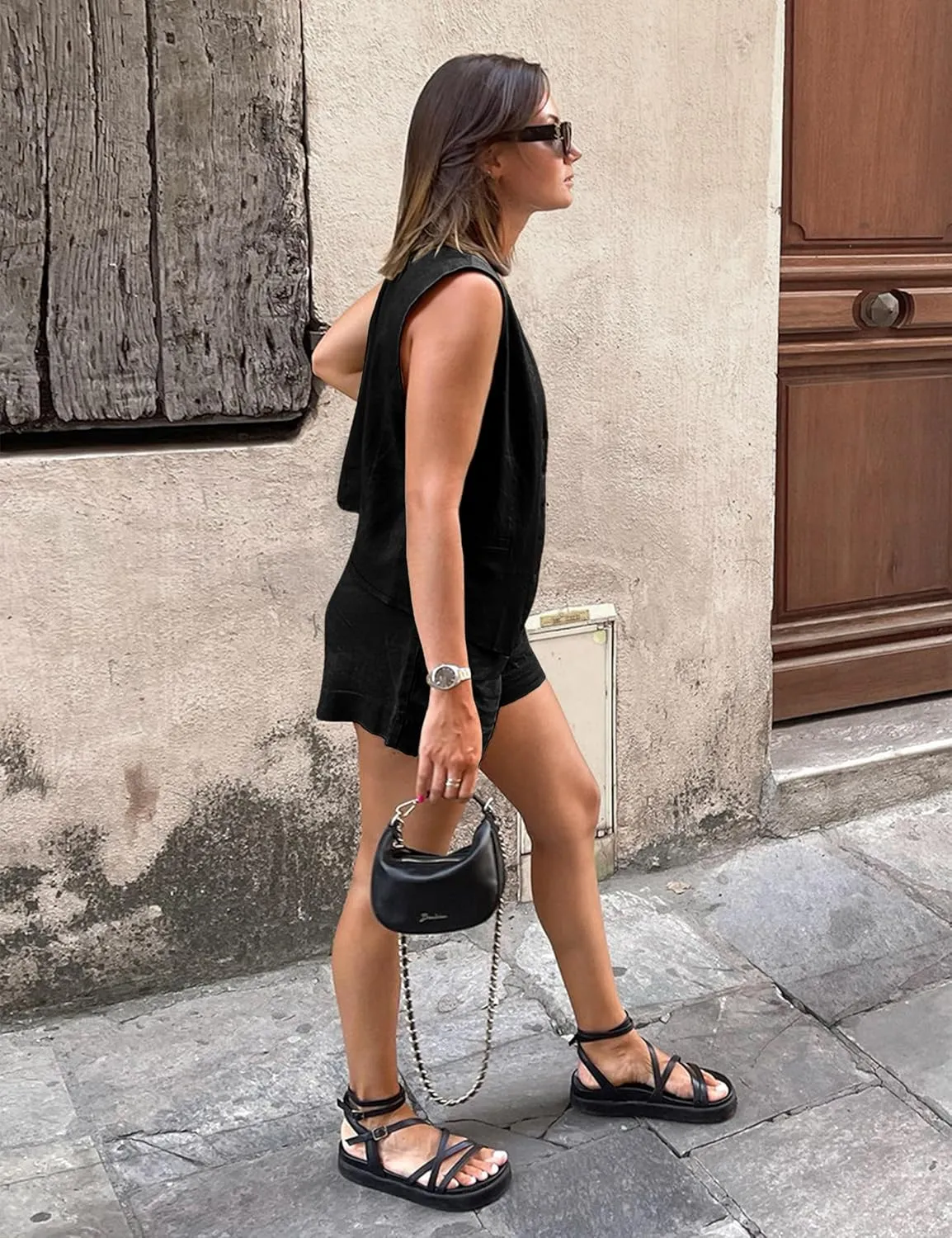 2 Piece Outfits for Women Summer Bussiness Linen Sets Sleeveless V Neck Vest Button Waistcoat and Pockets Shorts