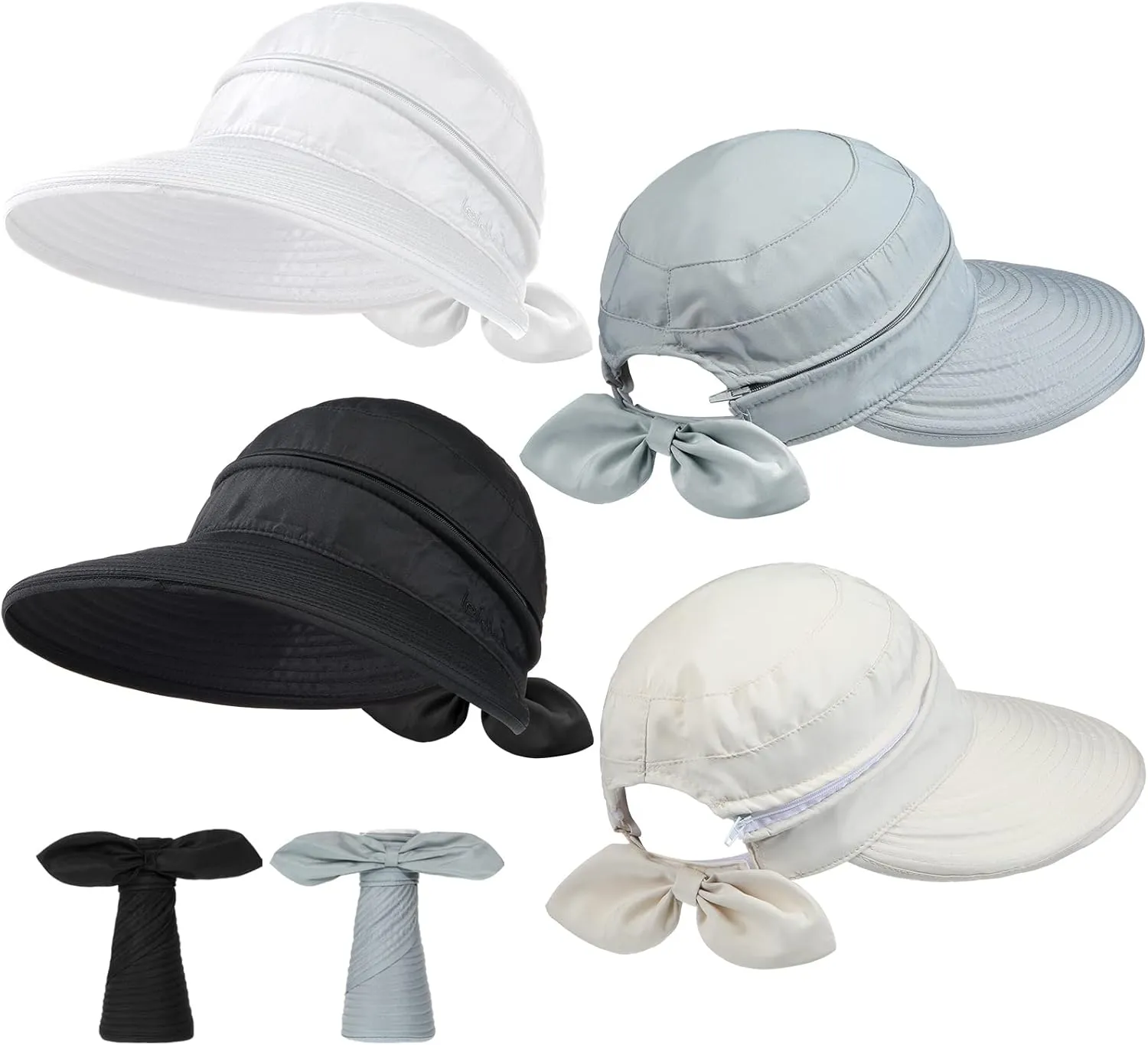4 Pcs Foldable Sun hat Visor Ponytail Hat Women Summer UV Protection Hat 2 in 1 Zip Off Hat Large Wide Brim Visor Golf Foldable Cap Removable Top Cover for Outdoors Sports