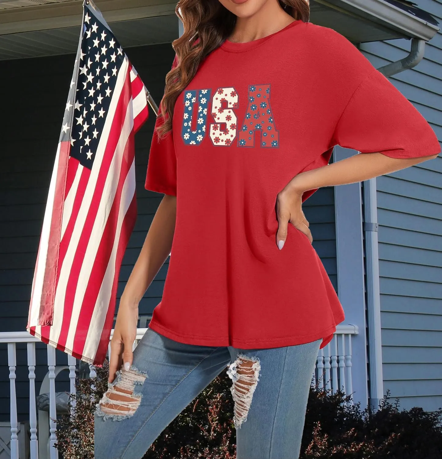 4th of July Shirts Women USA Floral Flowers Shirt Patriotic Shirts Oversized Independence Day Gift Blouse