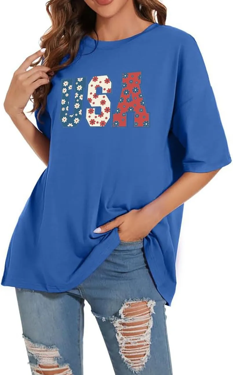 4th of July Shirts Women USA Floral Flowers Shirt Patriotic Shirts Oversized Independence Day Gift Blouse