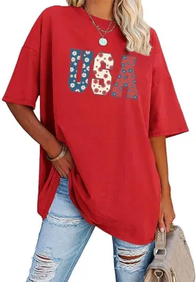 4th of July Shirts Women USA Floral Flowers Shirt Patriotic Shirts Oversized Independence Day Gift Blouse