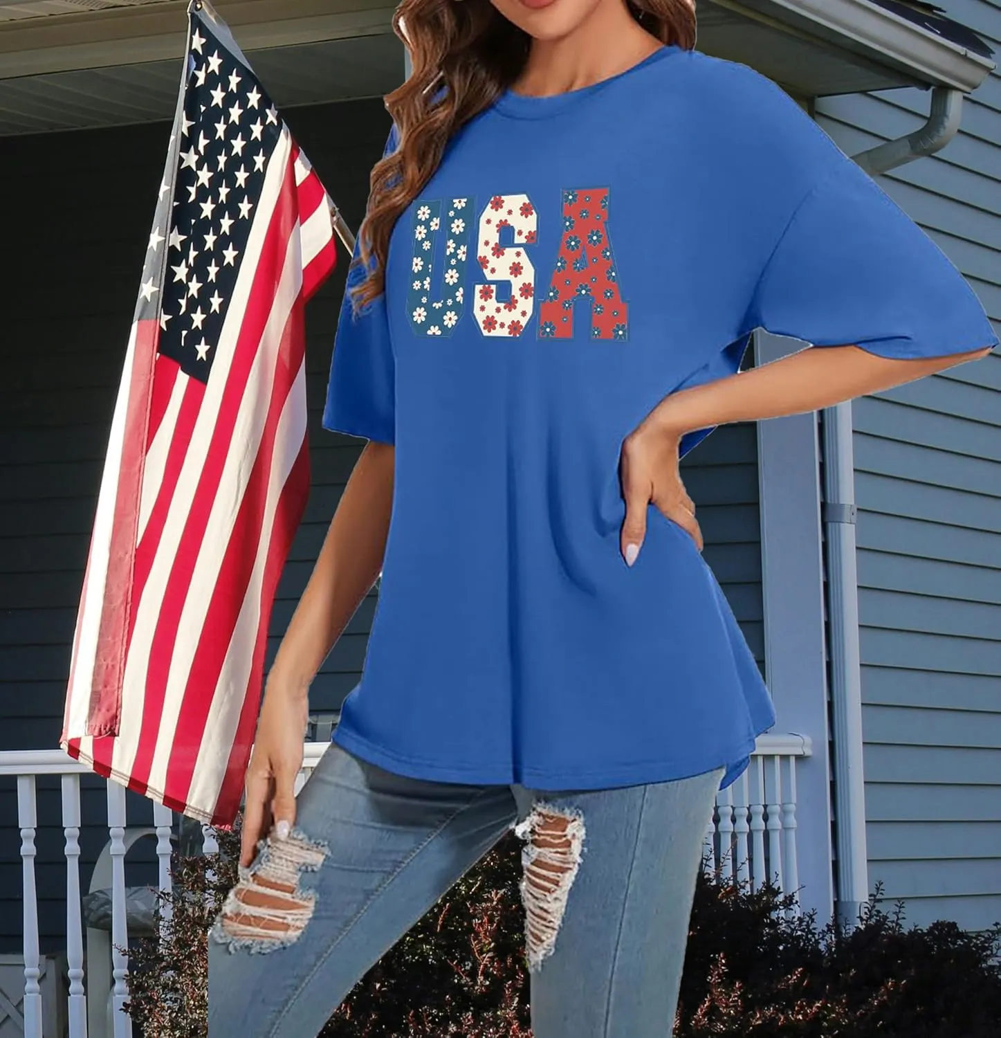 4th of July Shirts Women USA Floral Flowers Shirt Patriotic Shirts Oversized Independence Day Gift Blouse