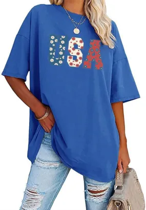 4th of July Shirts Women USA Floral Flowers Shirt Patriotic Shirts Oversized Independence Day Gift Blouse