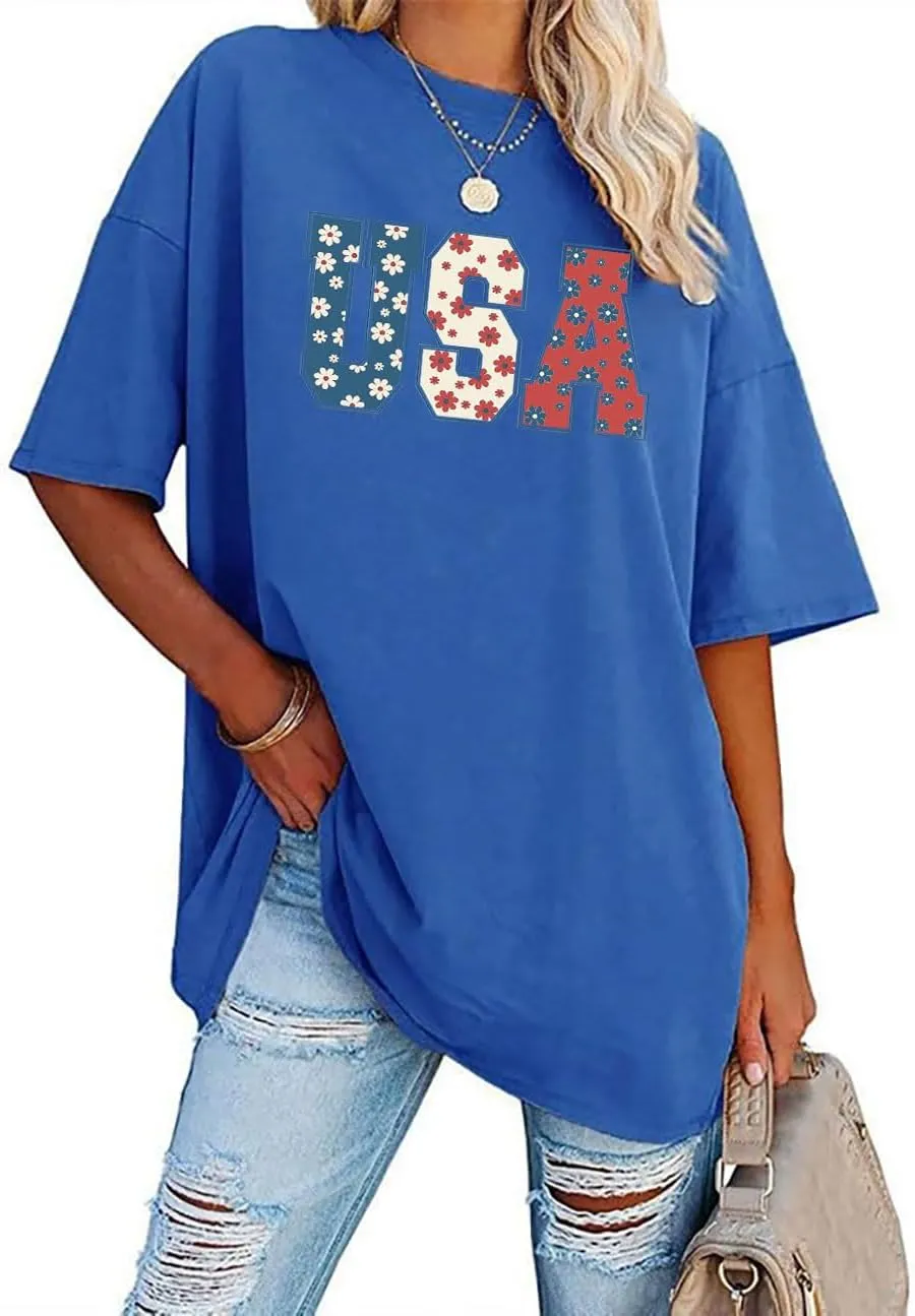 4th of July Shirts Women USA Floral Flowers Shirt Patriotic Shirts Oversized Independence Day Gift Blouse