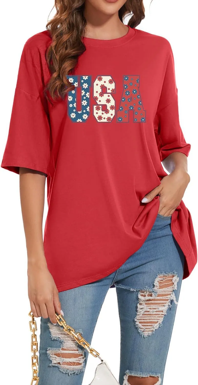 4th of July Shirts Women USA Floral Flowers Shirt Patriotic Shirts Oversized Independence Day Gift Blouse