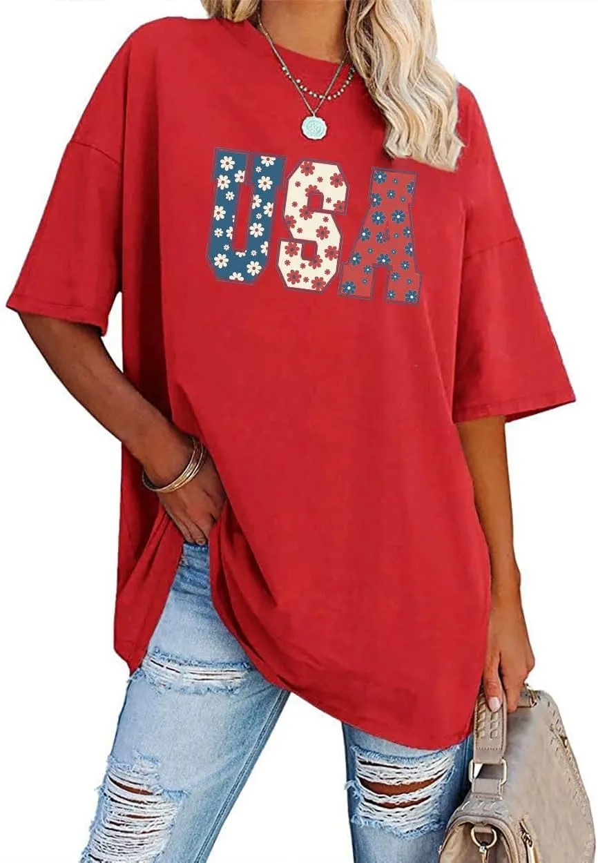 4th of July Shirts Women USA Floral Flowers Shirt Patriotic Shirts Oversized Independence Day Gift Blouse