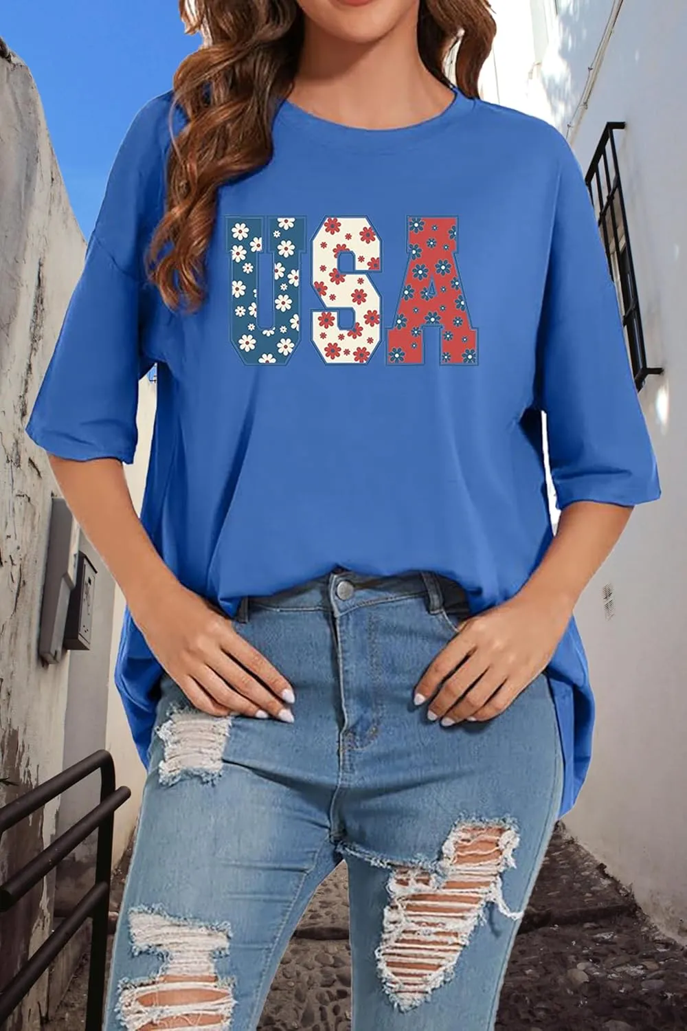 4th of July Shirts Women USA Floral Flowers Shirt Patriotic Shirts Oversized Independence Day Gift Blouse