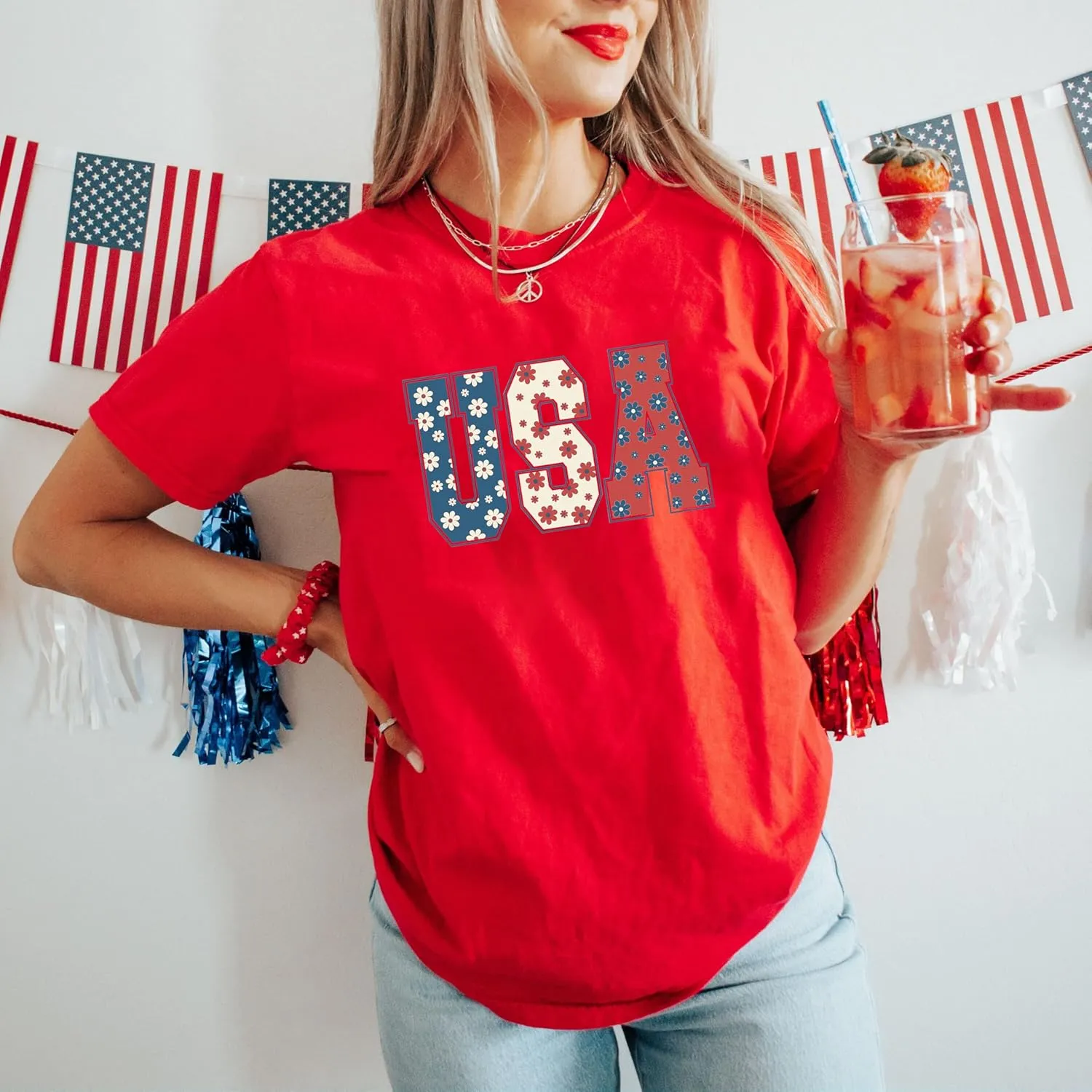 4th of July Shirts Women USA Floral Flowers Shirt Patriotic Shirts Oversized Independence Day Gift Blouse