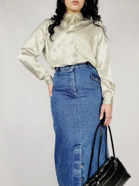 90s ivory satin striped minimalist shimmer smart blouse top