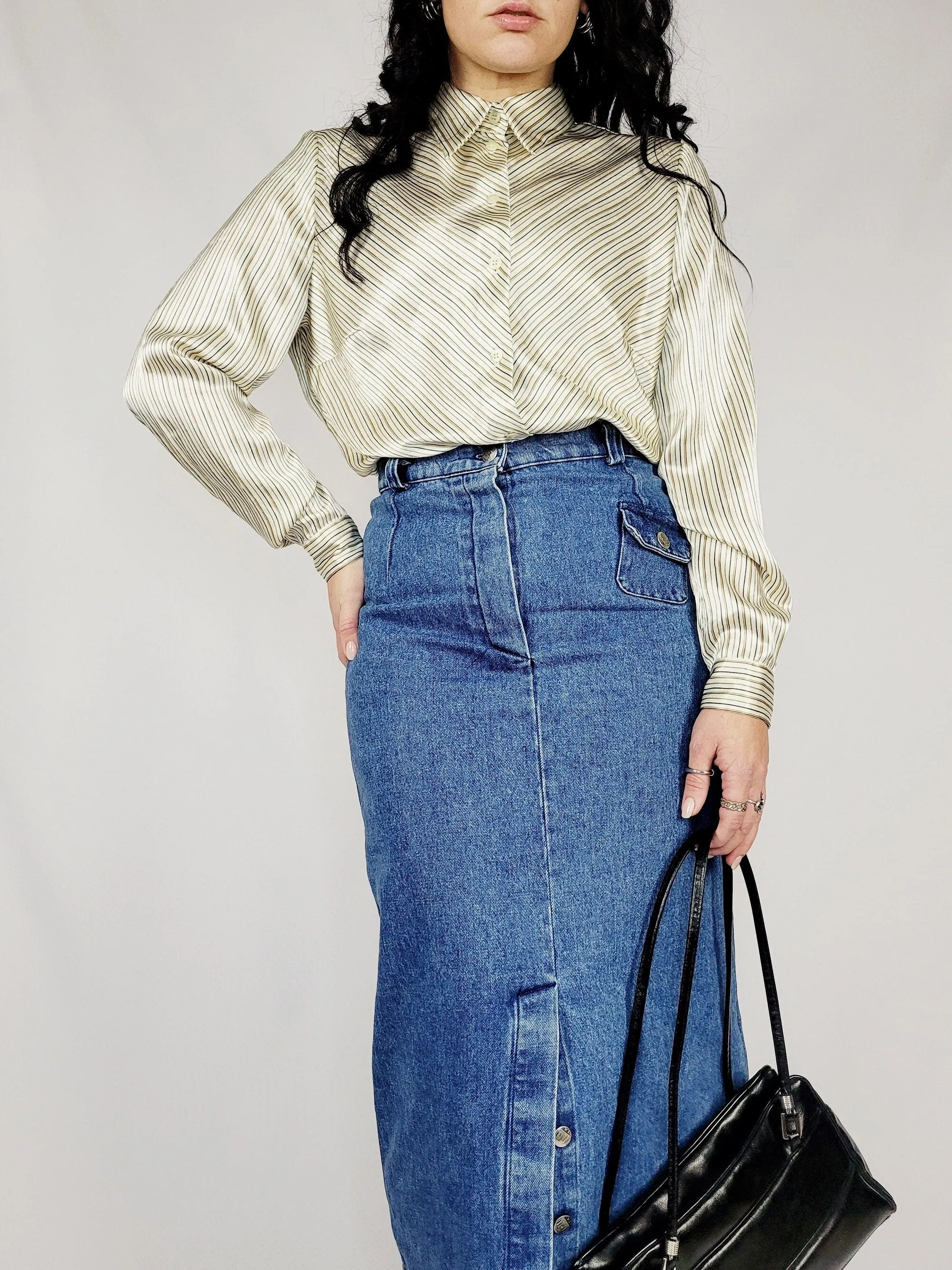 90s ivory satin striped minimalist shimmer smart blouse top
