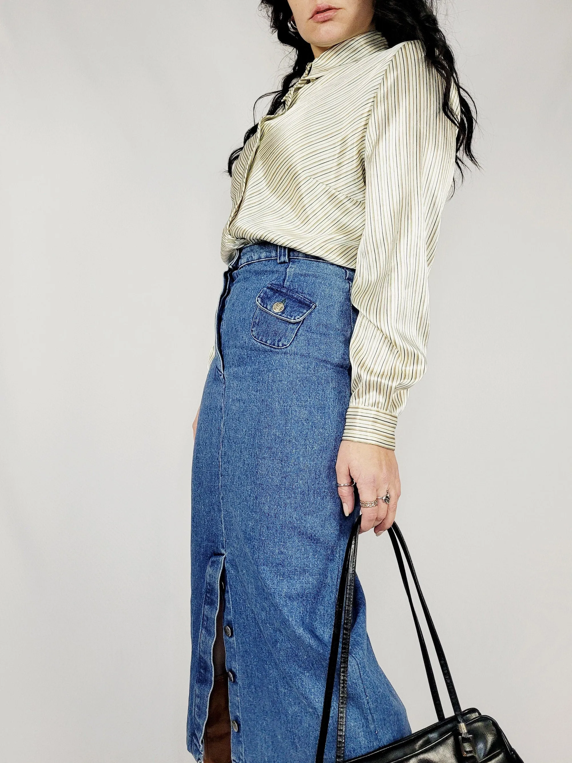90s ivory satin striped minimalist shimmer smart blouse top