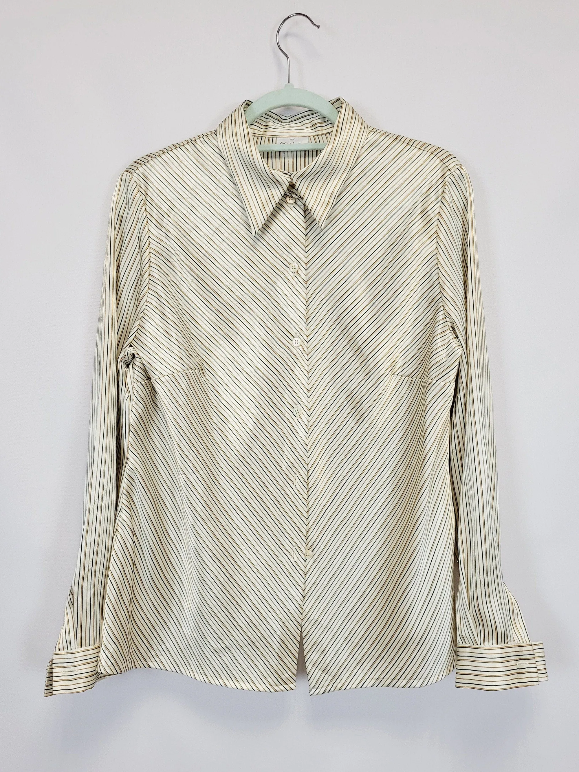 90s ivory satin striped minimalist shimmer smart blouse top