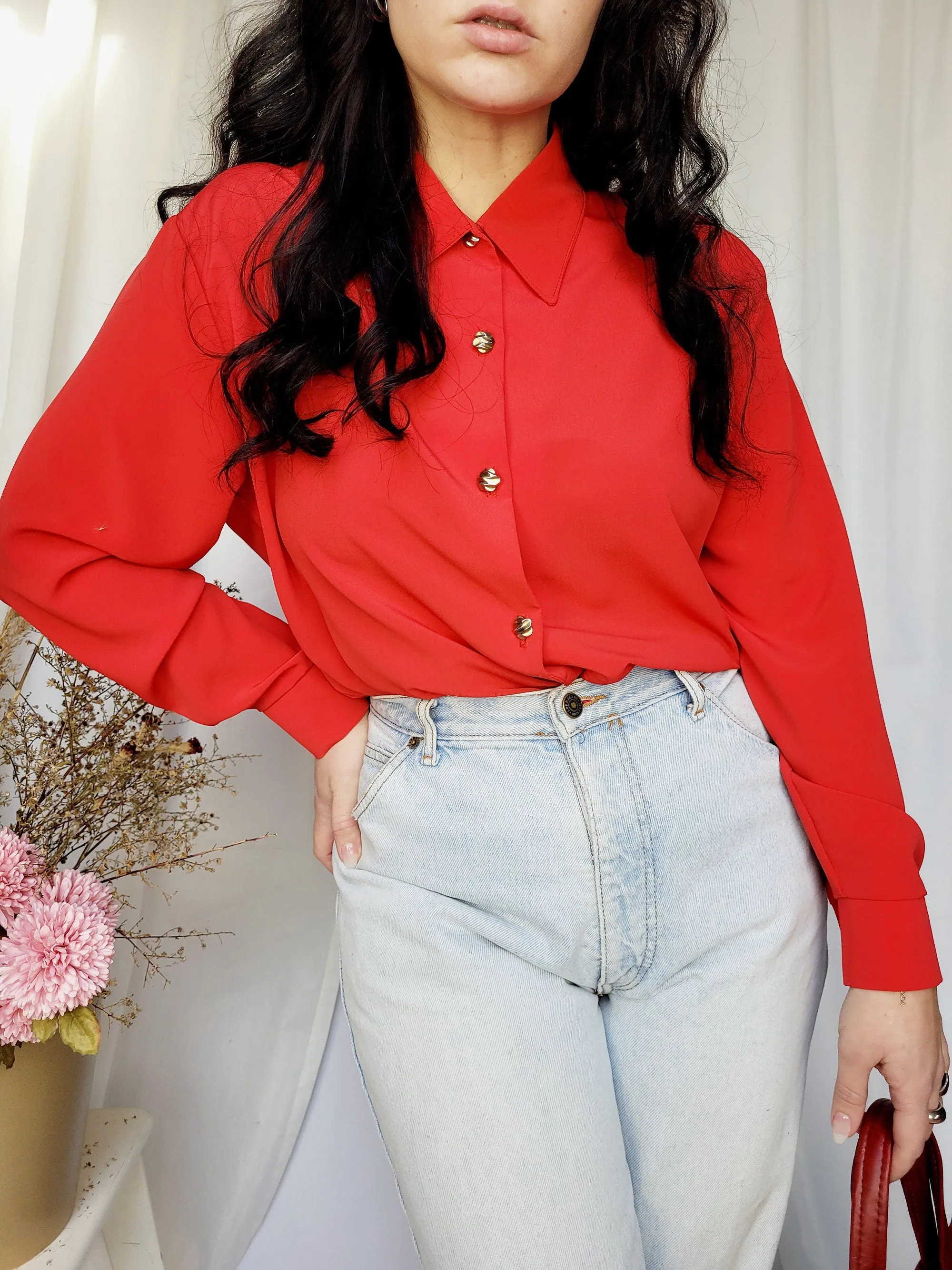 90s vintage basic red large minimalist blouse shirt