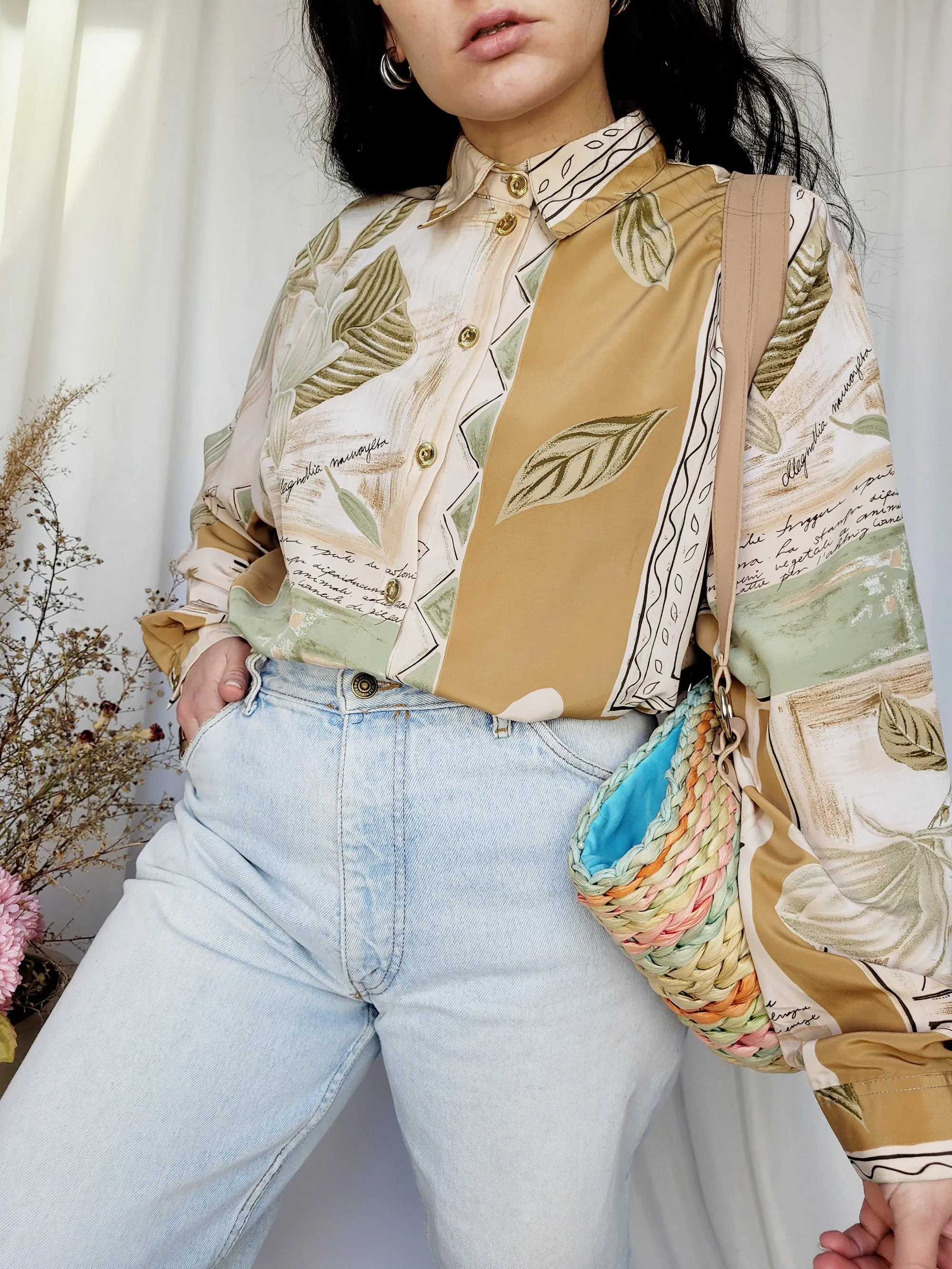 90s vintage brown abstract printed large minimalist blouse