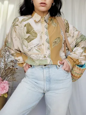 90s vintage brown abstract printed large minimalist blouse