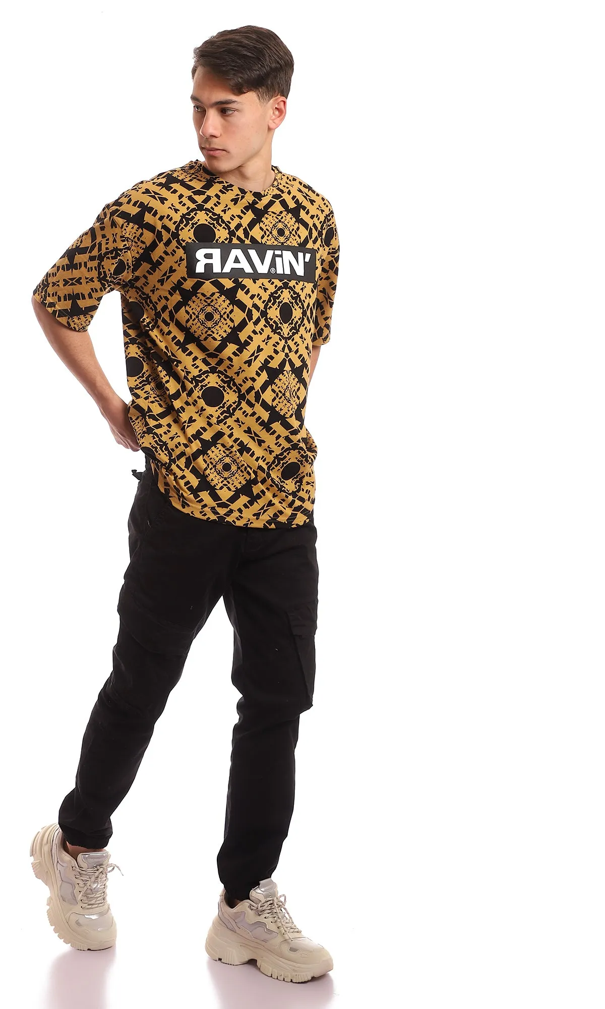 97352 Peru & Black Bi-Tone Printed Casual Tee