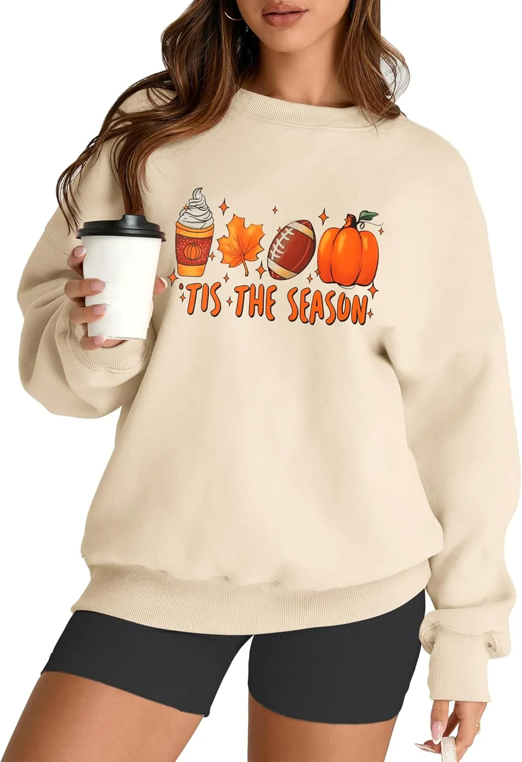 AKEWEI Women Oversized Sweatshirt Fall Outfits 2024 Teen Girl Clothes Graphic Crew Neck Preppy Fleece Pullover Tops