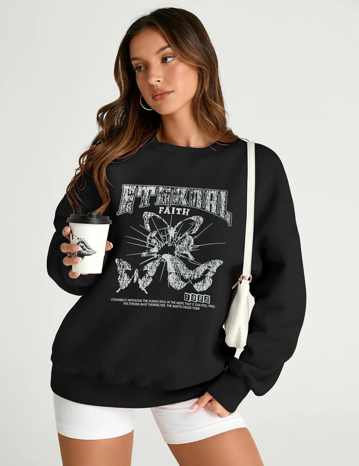 AKEWEI Women Oversized Sweatshirt Fall Outfits 2024 Teen Girl Clothes Graphic Crew Neck Preppy Fleece Pullover Tops