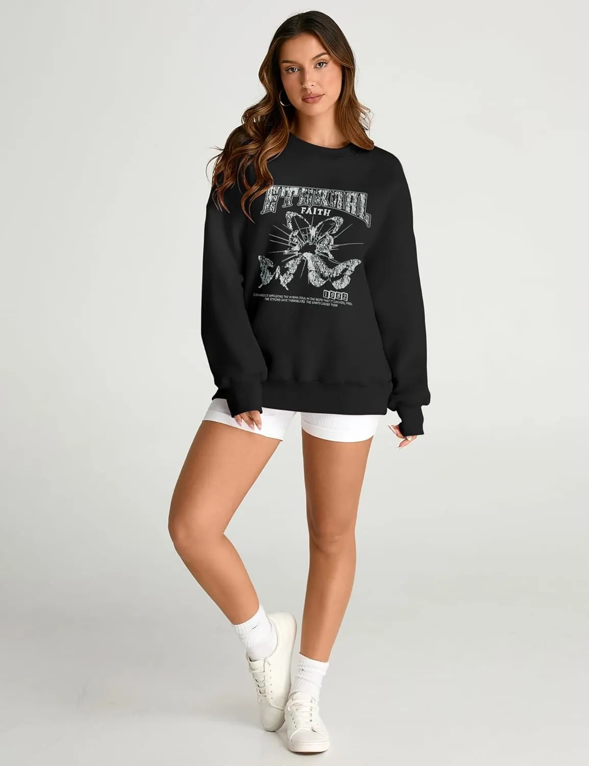 AKEWEI Women Oversized Sweatshirt Fall Outfits 2024 Teen Girl Clothes Graphic Crew Neck Preppy Fleece Pullover Tops