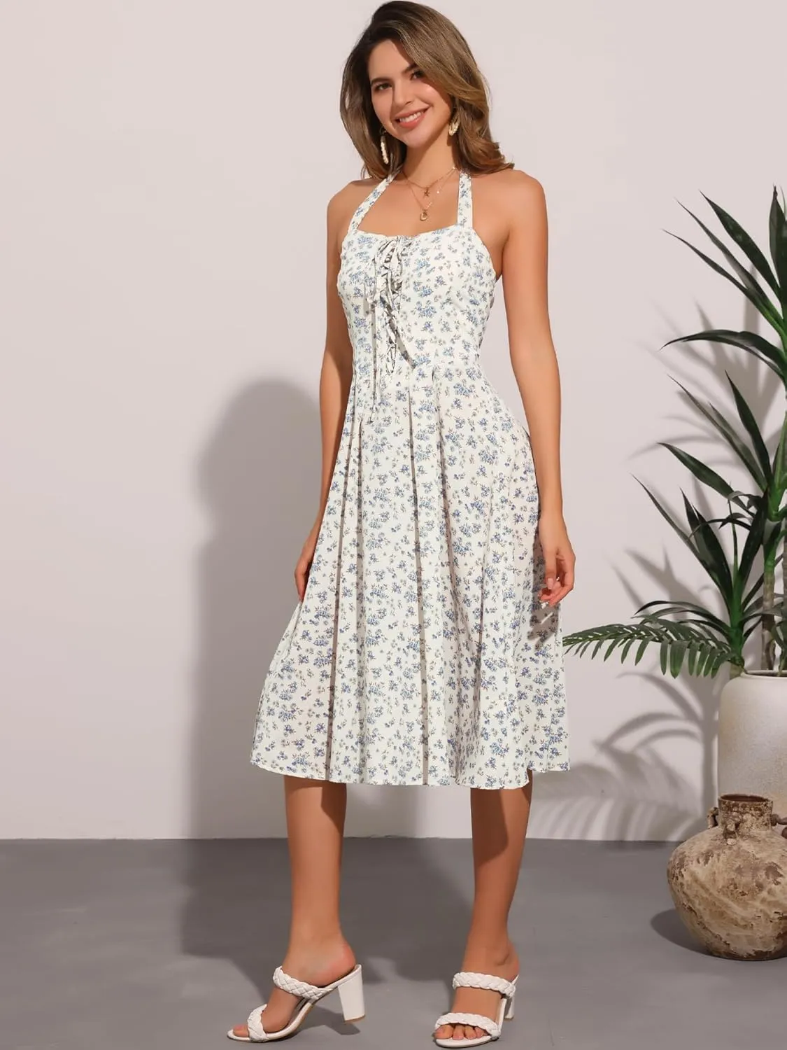 Allegra K Halter Neck Floral Dress for Women's Summer Sundress Sleeveless Lace Up Midi Dresses