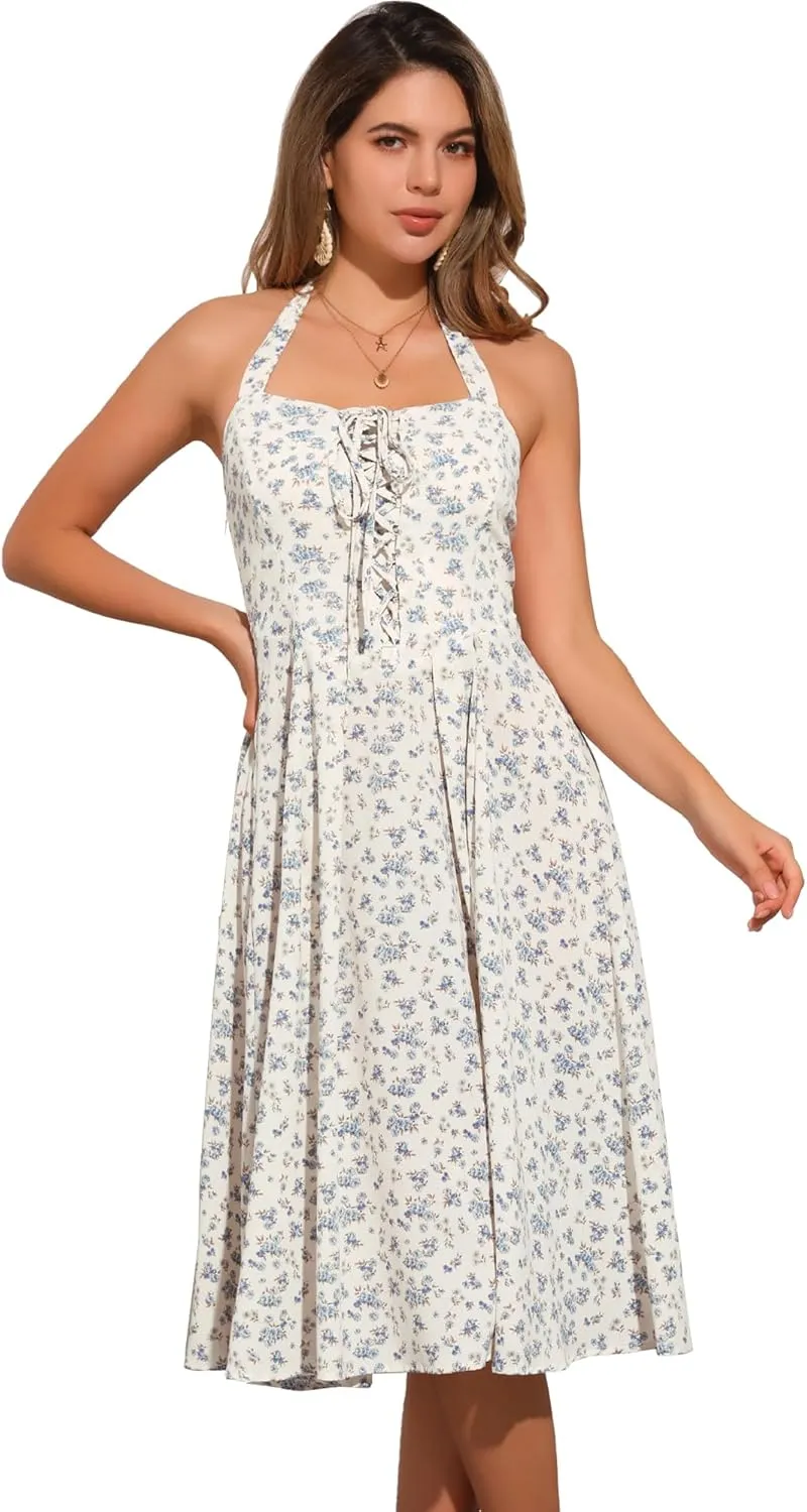 Allegra K Halter Neck Floral Dress for Women's Summer Sundress Sleeveless Lace Up Midi Dresses