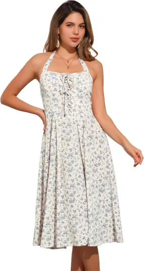 Allegra K Halter Neck Floral Dress for Women's Summer Sundress Sleeveless Lace Up Midi Dresses