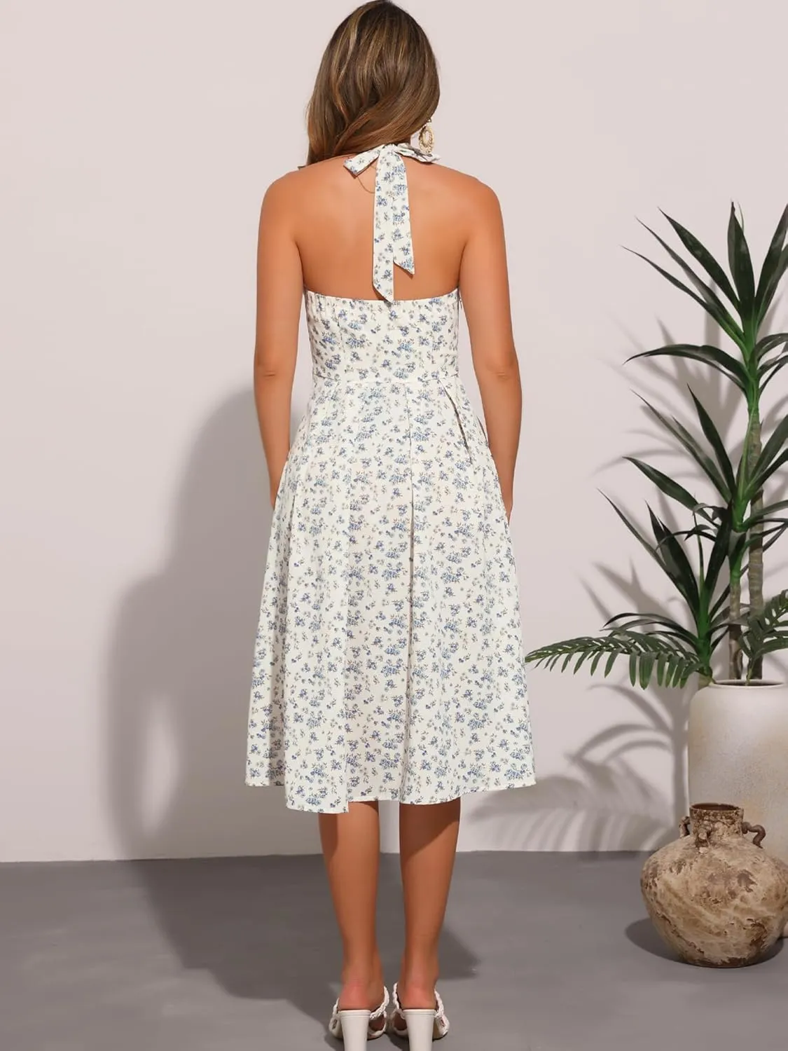 Allegra K Halter Neck Floral Dress for Women's Summer Sundress Sleeveless Lace Up Midi Dresses