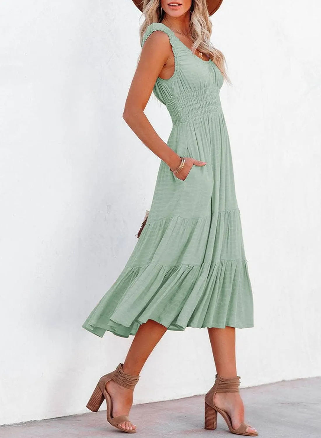 AlvaQ Women Summer Dresses Sleeveless Smocked Midi Dress High Waist Casual Tiered A Line Sundress with Pockets