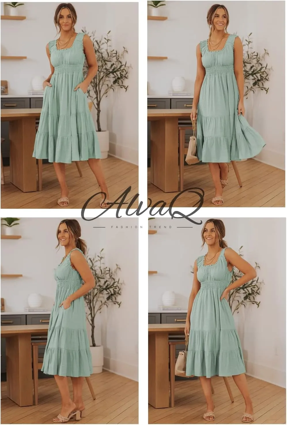 AlvaQ Women Summer Dresses Sleeveless Smocked Midi Dress High Waist Casual Tiered A Line Sundress with Pockets