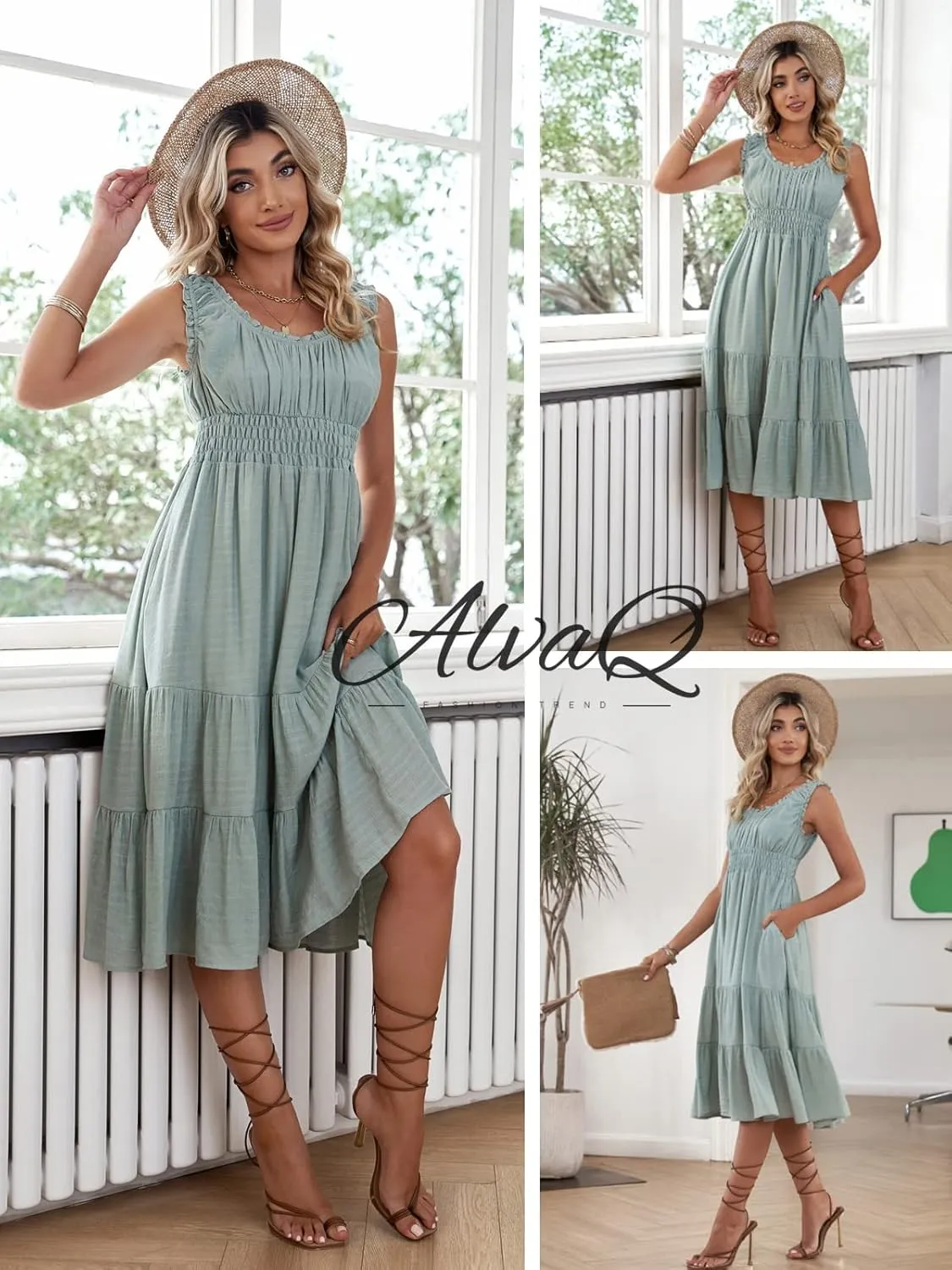 AlvaQ Women Summer Dresses Sleeveless Smocked Midi Dress High Waist Casual Tiered A Line Sundress with Pockets