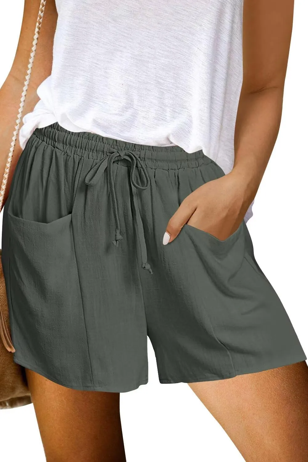 ANFTFH Women Summer Shorts Casual Cotton Linen Loose Comfy Pocket Beach Solid Elastic Waist Short