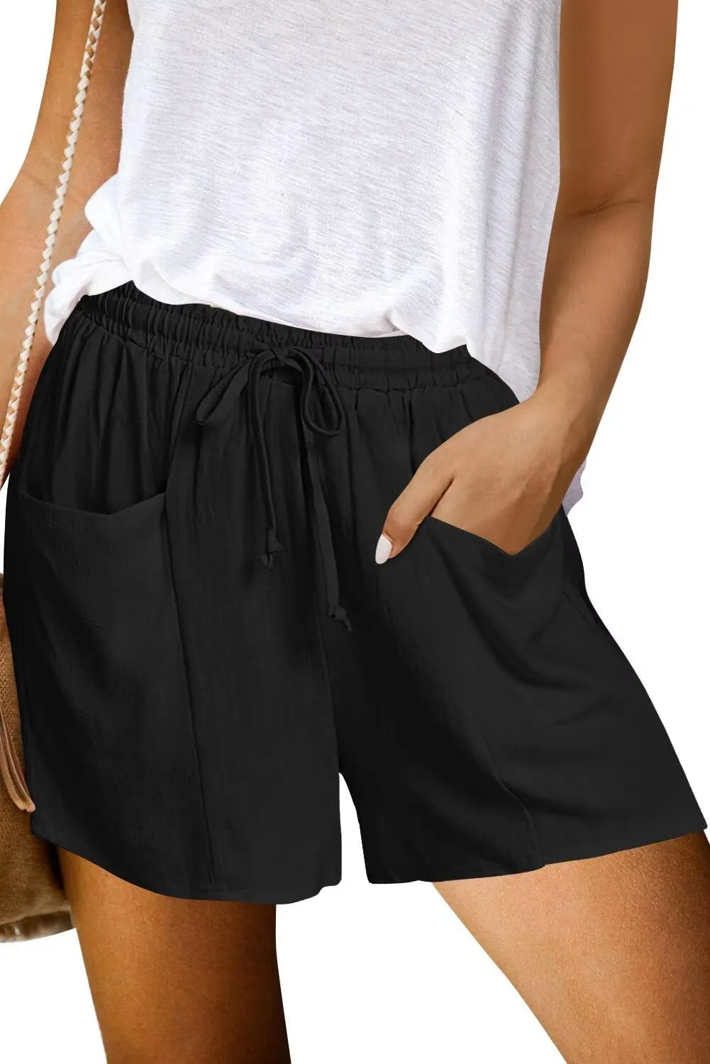 ANFTFH Women Summer Shorts Casual Cotton Linen Loose Comfy Pocket Beach Solid Elastic Waist Short