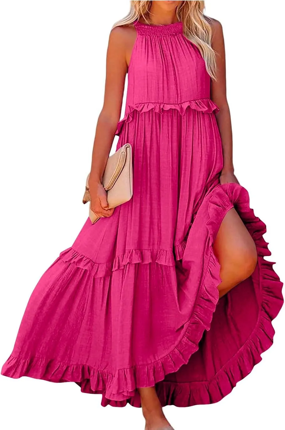 Beach Dresses for Women 2025 Vacation Halter Summer Long Dress Tiered Ruffle Flowy Swing Elegant Boho Sundress