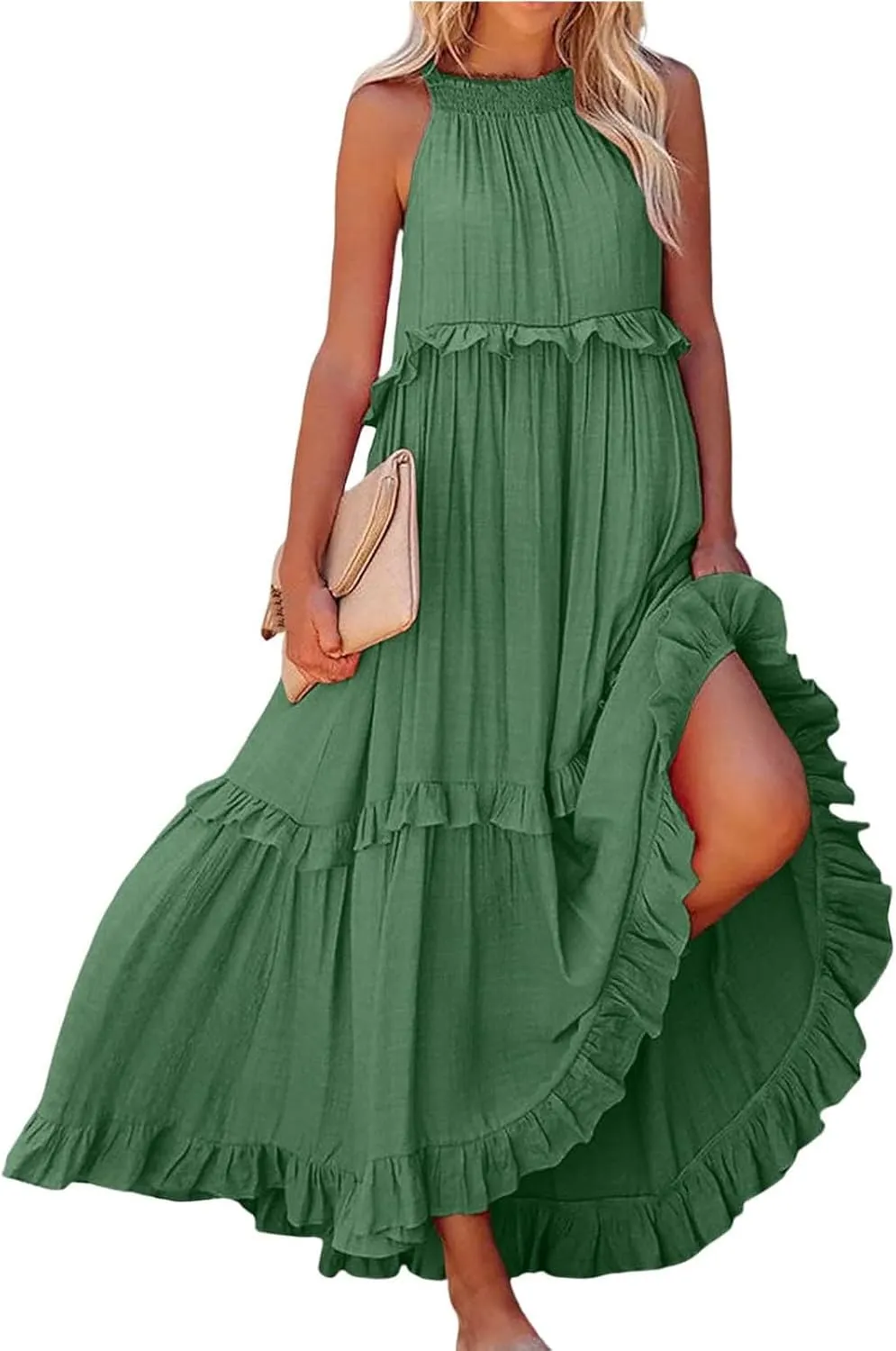 Beach Dresses for Women 2025 Vacation Halter Summer Long Dress Tiered Ruffle Flowy Swing Elegant Boho Sundress