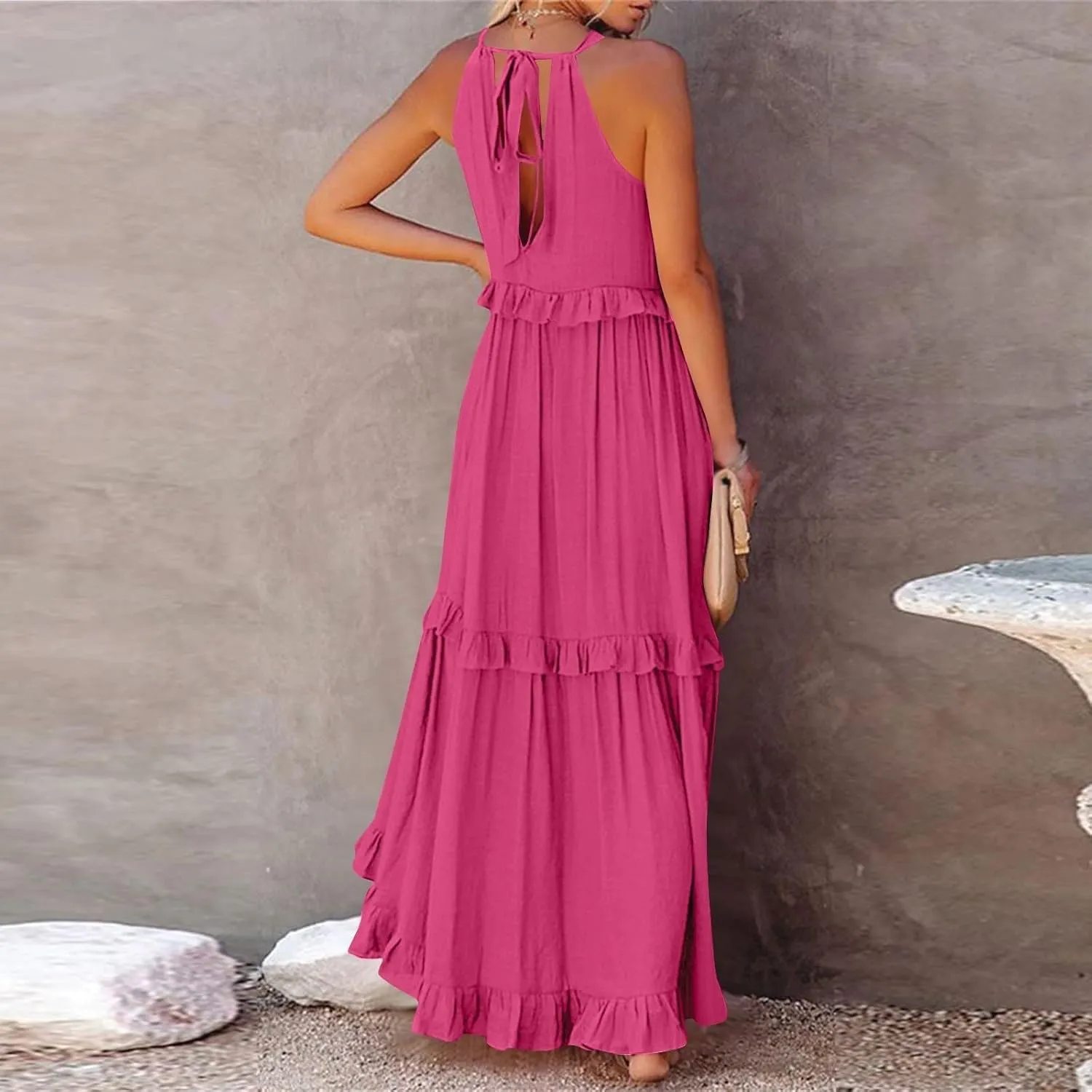 Beach Dresses for Women 2025 Vacation Halter Summer Long Dress Tiered Ruffle Flowy Swing Elegant Boho Sundress