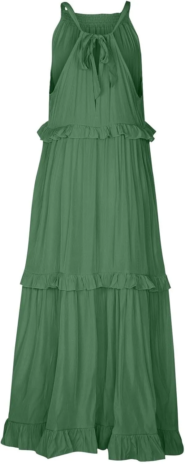 Beach Dresses for Women 2025 Vacation Halter Summer Long Dress Tiered Ruffle Flowy Swing Elegant Boho Sundress