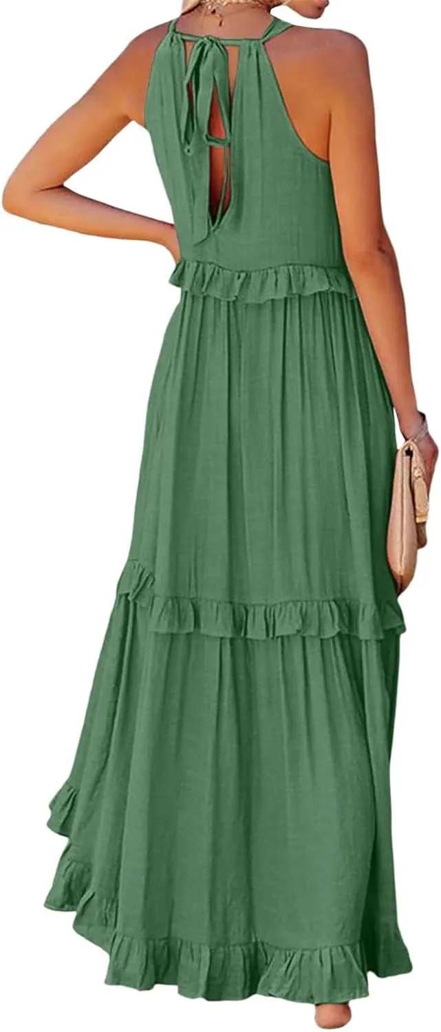 Beach Dresses for Women 2025 Vacation Halter Summer Long Dress Tiered Ruffle Flowy Swing Elegant Boho Sundress