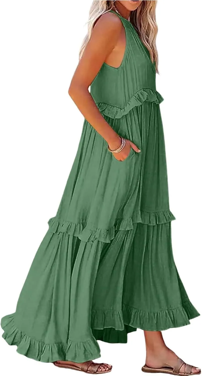 Beach Dresses for Women 2025 Vacation Halter Summer Long Dress Tiered Ruffle Flowy Swing Elegant Boho Sundress