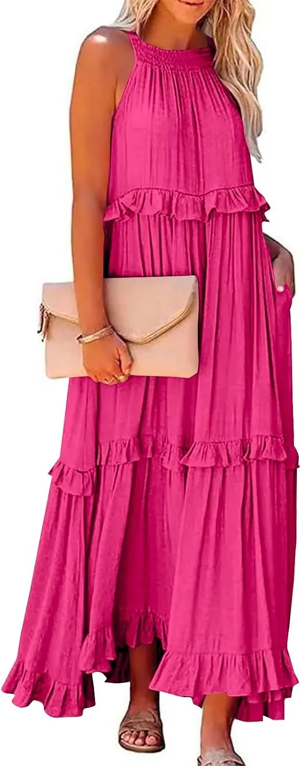 Beach Dresses for Women 2025 Vacation Halter Summer Long Dress Tiered Ruffle Flowy Swing Elegant Boho Sundress