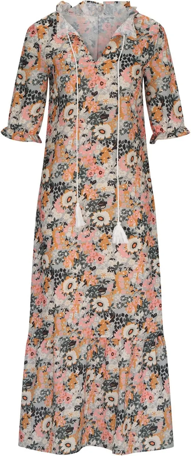 Beach Vacation Clothes for Women Elegant Floral Print Wrap Maxi Dress Feminine Mid-Length Sleeves Maxi Sun Dress