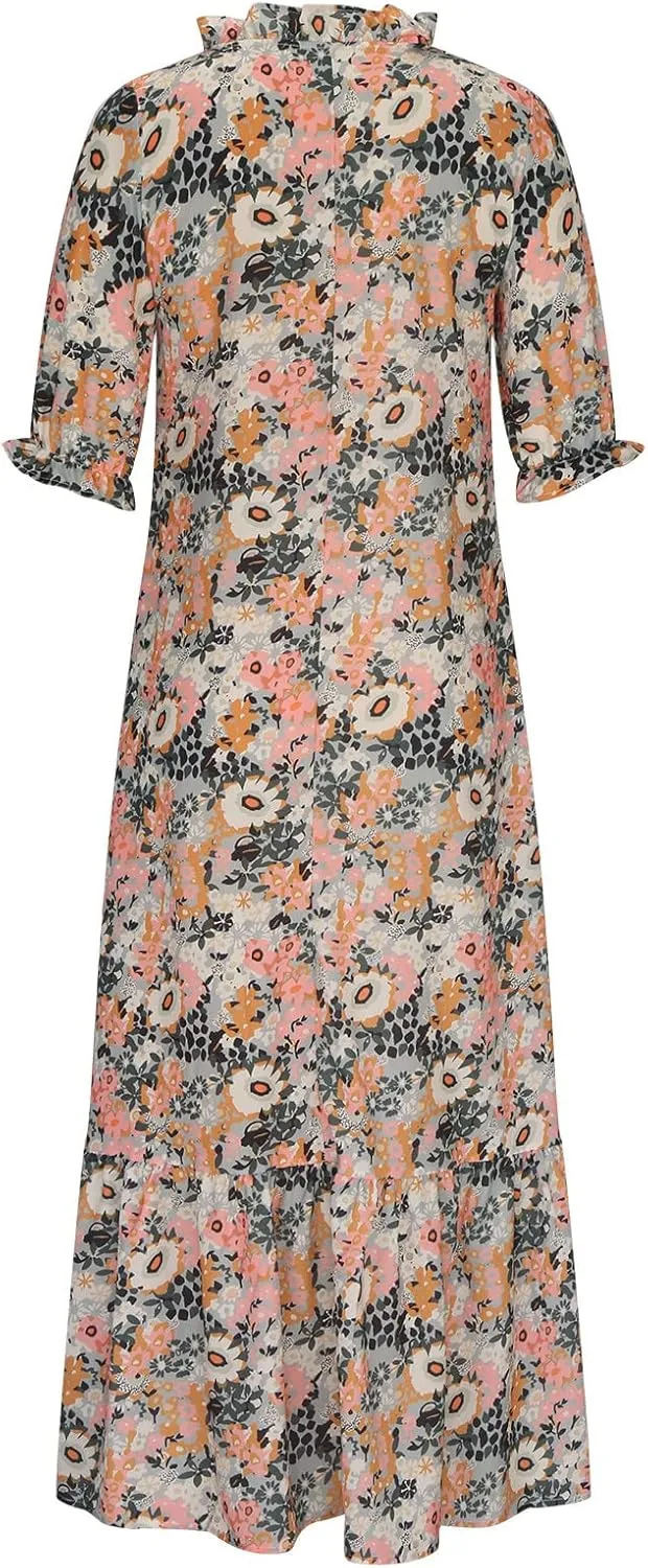 Beach Vacation Clothes for Women Elegant Floral Print Wrap Maxi Dress Feminine Mid-Length Sleeves Maxi Sun Dress