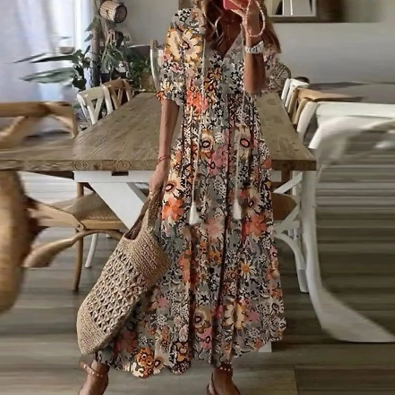 Beach Vacation Clothes for Women Elegant Floral Print Wrap Maxi Dress Feminine Mid-Length Sleeves Maxi Sun Dress