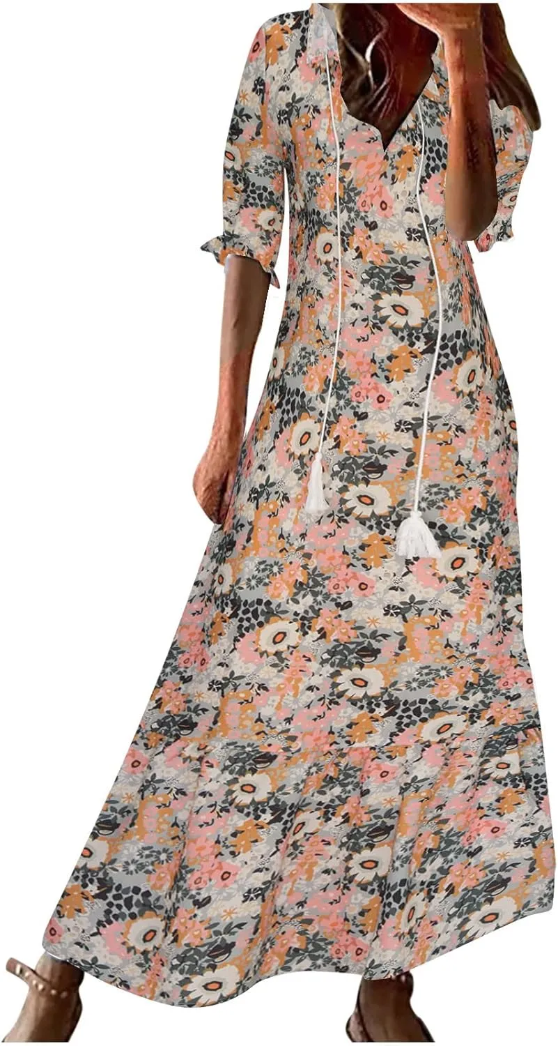 Beach Vacation Clothes for Women Elegant Floral Print Wrap Maxi Dress Feminine Mid-Length Sleeves Maxi Sun Dress