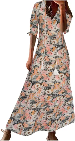 Beach Vacation Clothes for Women Elegant Floral Print Wrap Maxi Dress Feminine Mid-Length Sleeves Maxi Sun Dress