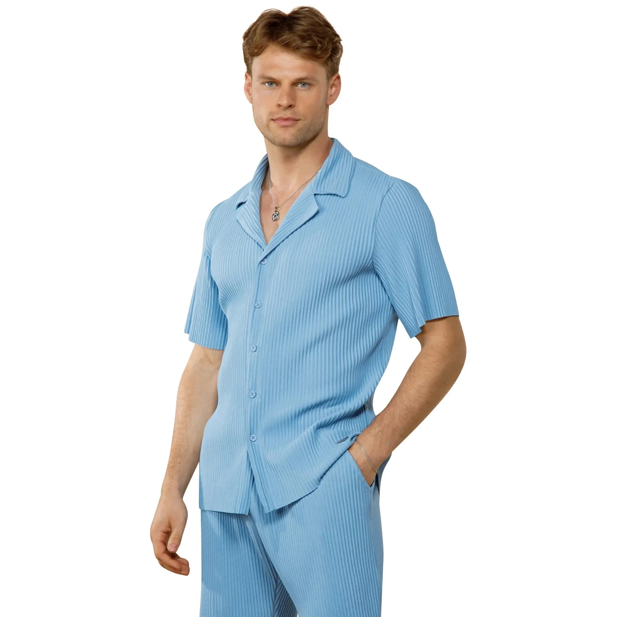 Belier Pleated Short Sleeve Light Blue Resort Shirt