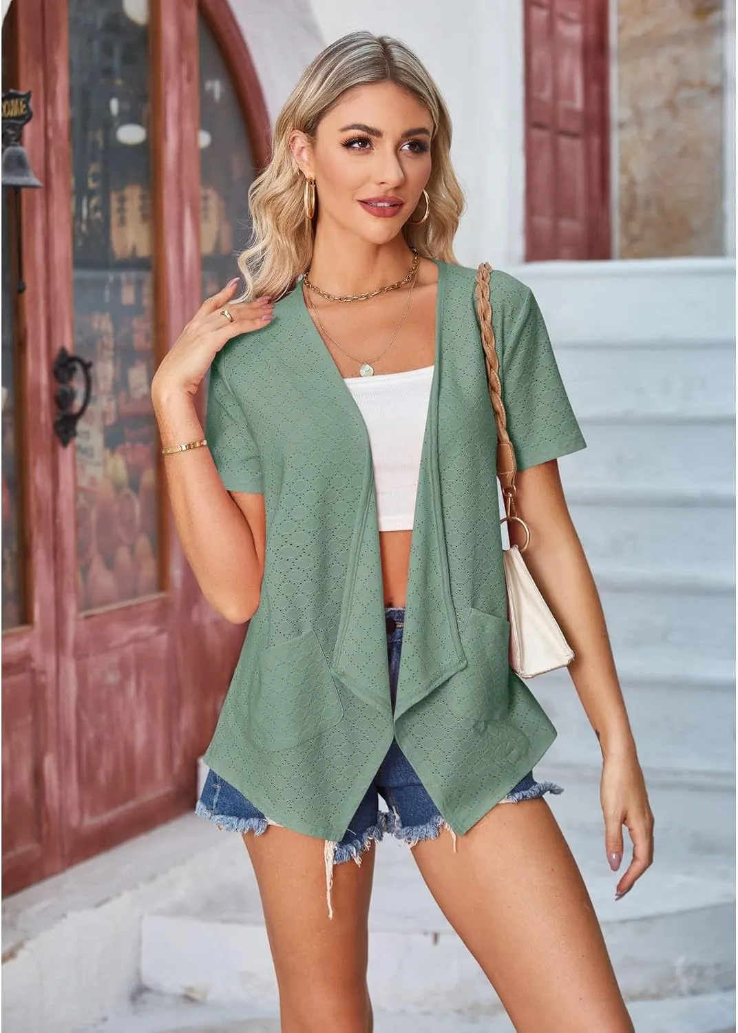Blostirno Women's Short Sleeve Cardigan Open Front V Neck Lightweight Bolero Cropped Shrug Summer Hollow Out Tops with Pocket