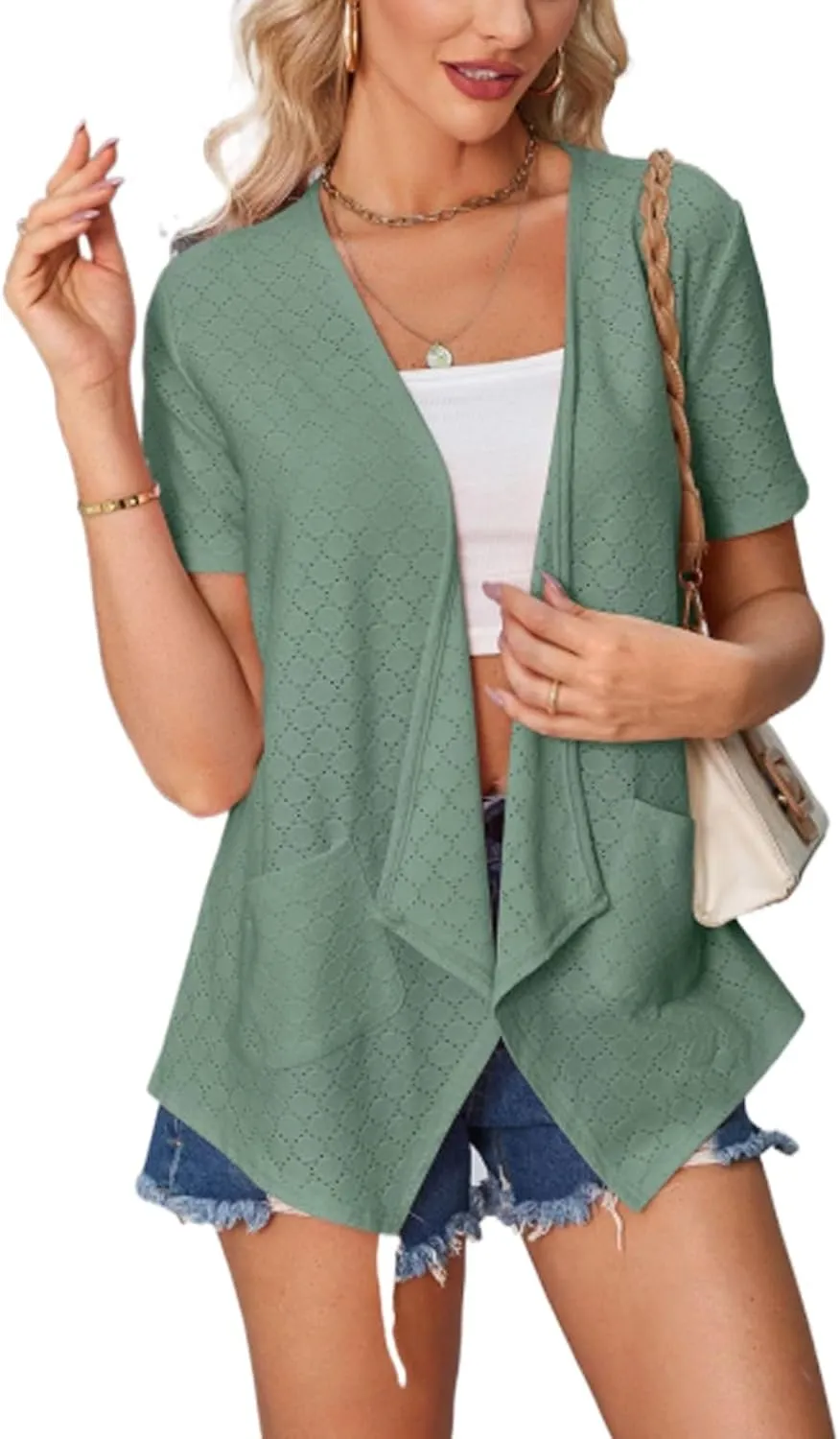 Blostirno Women's Short Sleeve Cardigan Open Front V Neck Lightweight Bolero Cropped Shrug Summer Hollow Out Tops with Pocket