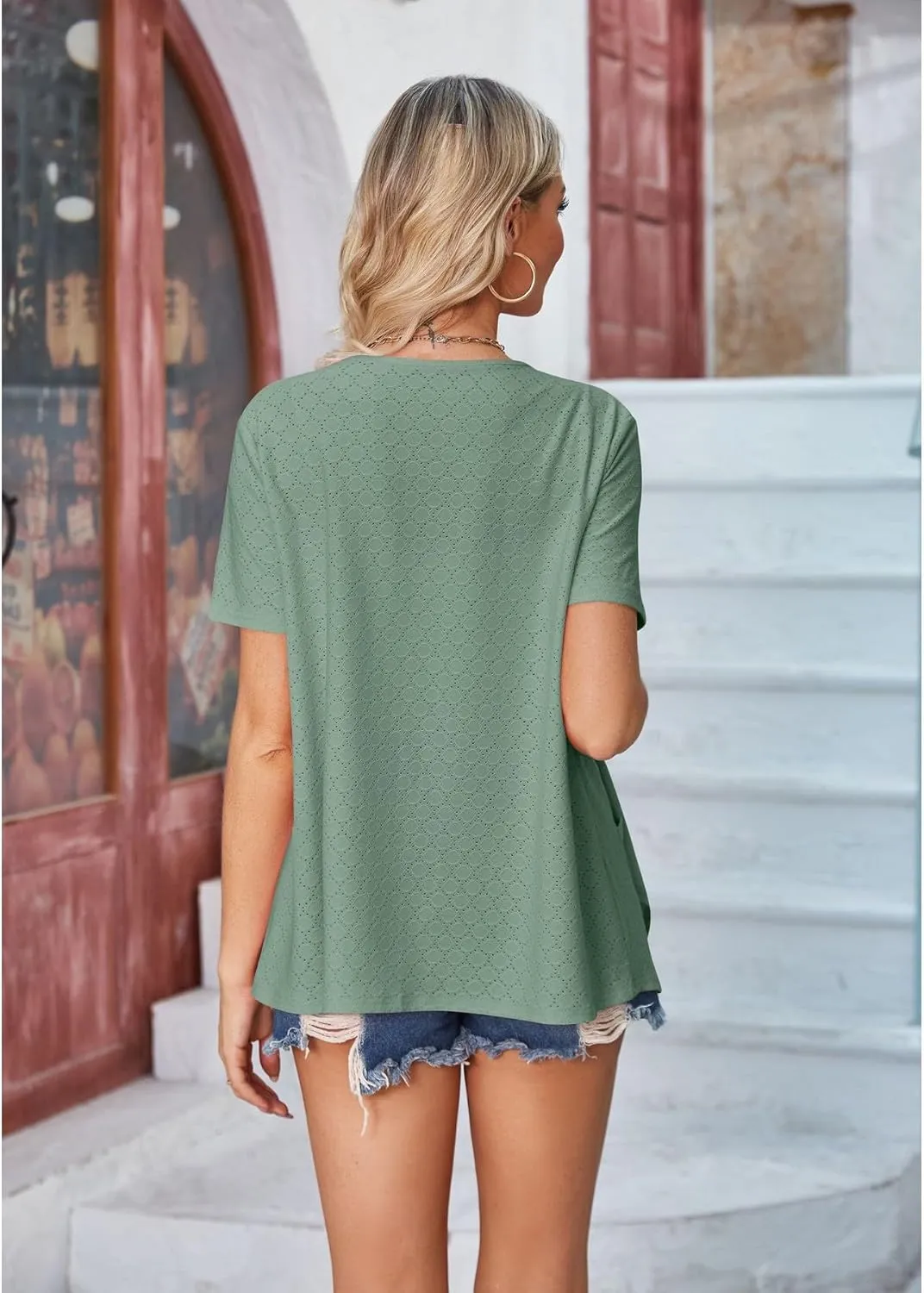 Blostirno Women's Short Sleeve Cardigan Open Front V Neck Lightweight Bolero Cropped Shrug Summer Hollow Out Tops with Pocket