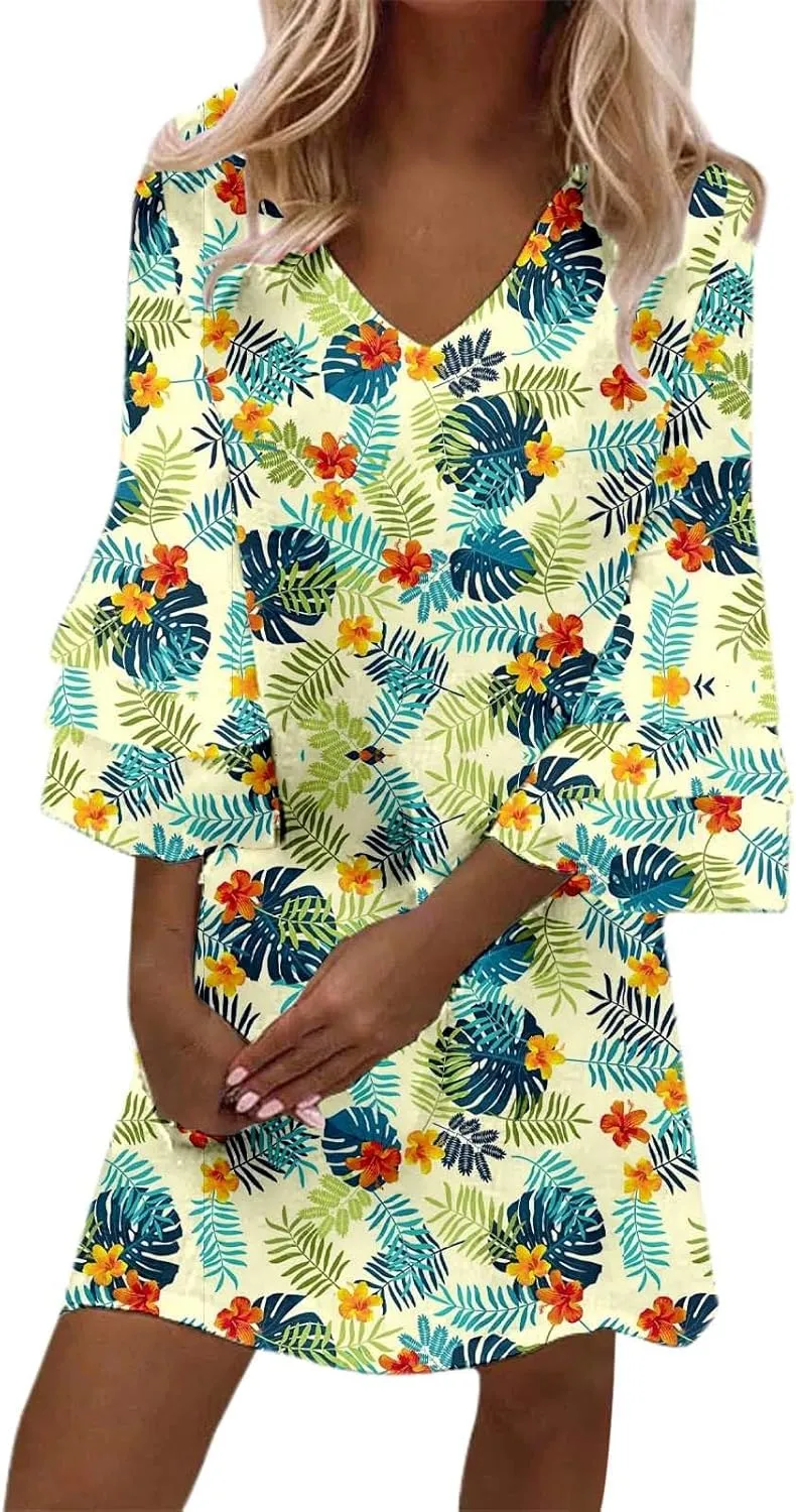 Boho Floral Mini Dress for Women | V Neck 3/4 Bell Sleeve Summer Dress, Flowy Loose Beach Dresses with Casual Chic Style